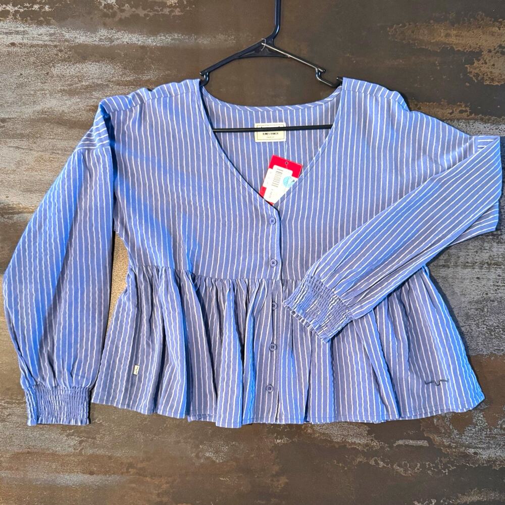 Kimes Women’s M Blue/White Striped V-Neck Long Sleeve Button-Front Blouse